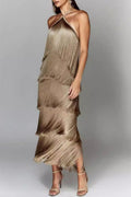 Sexy Solid Color Fringed Trim Backless Halter Sleeveless Dresses