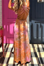 Casual Print Backless U Neck Long Dresses(3 Colors)