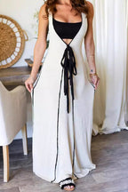 Casual Patchwork Belted V Neck Long Dresses