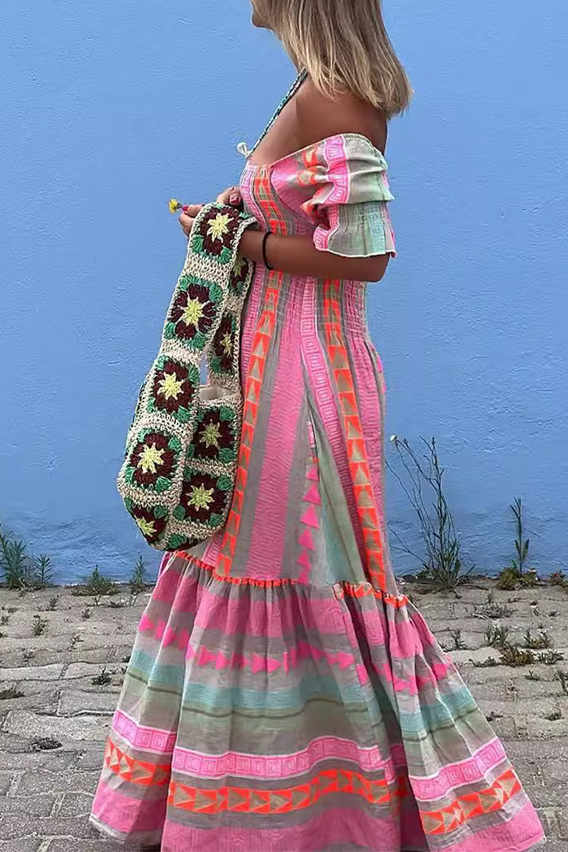 Eliana Boutique Casual a Line Dresses with Contrast Boho Geometric Print and Square Neckline Premium Wardrobe Essential