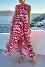 Pink Aesthetic Geometric Print Sleeveless Dresses with Slit and Halter Neck Premium Wardrobe Essential