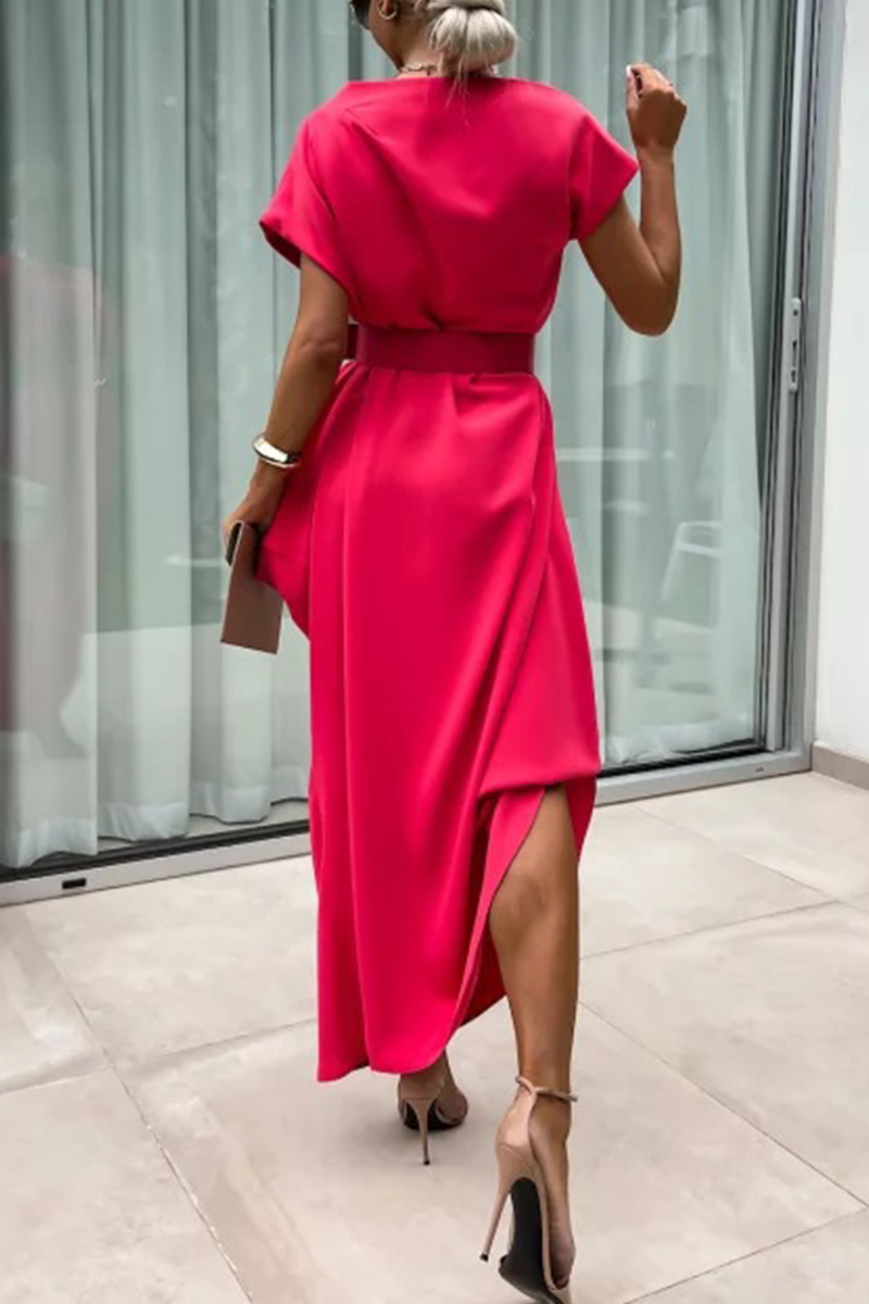 Casual Street Solid Color Without Belt Irregular Pile Heap Collar One Step Skirt Short Sleeve Dress(No Belt)