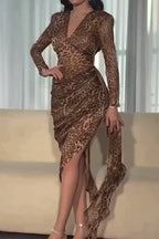 Sexy Leopard Print Ruffle Ruched V Neck Irregular Dresses