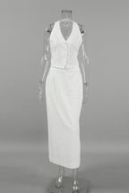 Elegant Solid Color Lace Up Buckle Slit Halter Sleeveless Two Pieces