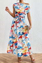 Flowers Gradient Color Print Lace Up Sloping Shoulder Waist Skirt Dresses