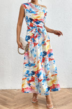 Flowers Gradient Color Print Lace Up Sloping Shoulder Waist Skirt Dresses