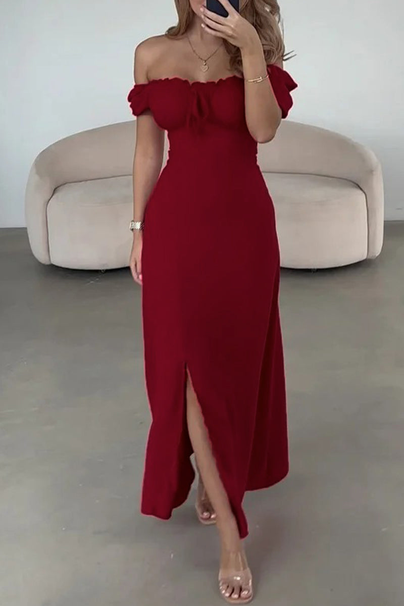 Angeline's Boutique Off the Shoulder a Line Dresses with Drawstring and Slit Collection