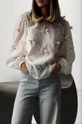 Casual Solid Color Hollow Out Bow Decor O Neck Long Sleeve Two Piecesï¼_uspenders, long-sleeved shirtï¼