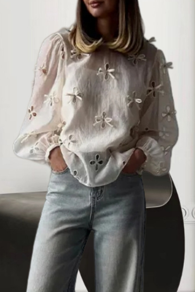 Casual Solid Color Hollow Out Bow Decor O Neck Long Sleeve Two Piecesï¼_uspenders, long-sleeved shirtï¼
