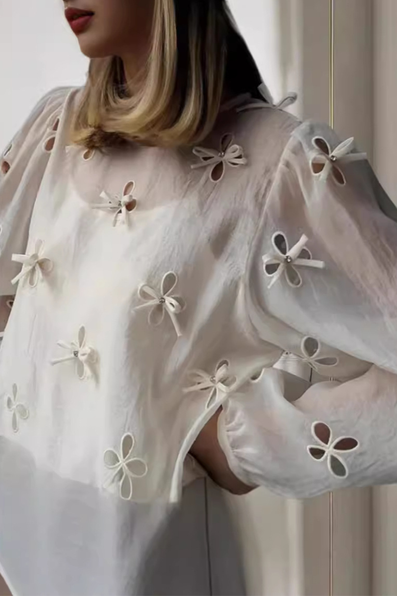 Casual Solid Color Hollow Out Bow Decor O Neck Long Sleeve Two Piecesï¼_uspenders, long-sleeved shirtï¼