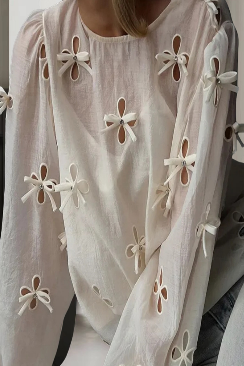 Casual Solid Color Hollow Out Bow Decor O Neck Long Sleeve Two Piecesï¼_uspenders, long-sleeved shirtï¼