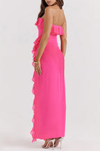 Sexy Solid Color Ruffle Slit Strapless Irregular Dresses