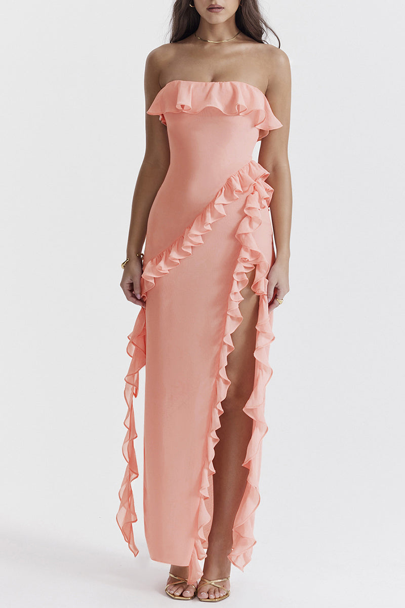 Yolanda Aesthetic Solid Color Strapless Irregular Dresses with Ruffles and Slit (3 Colors) Everyday Luxe Edit