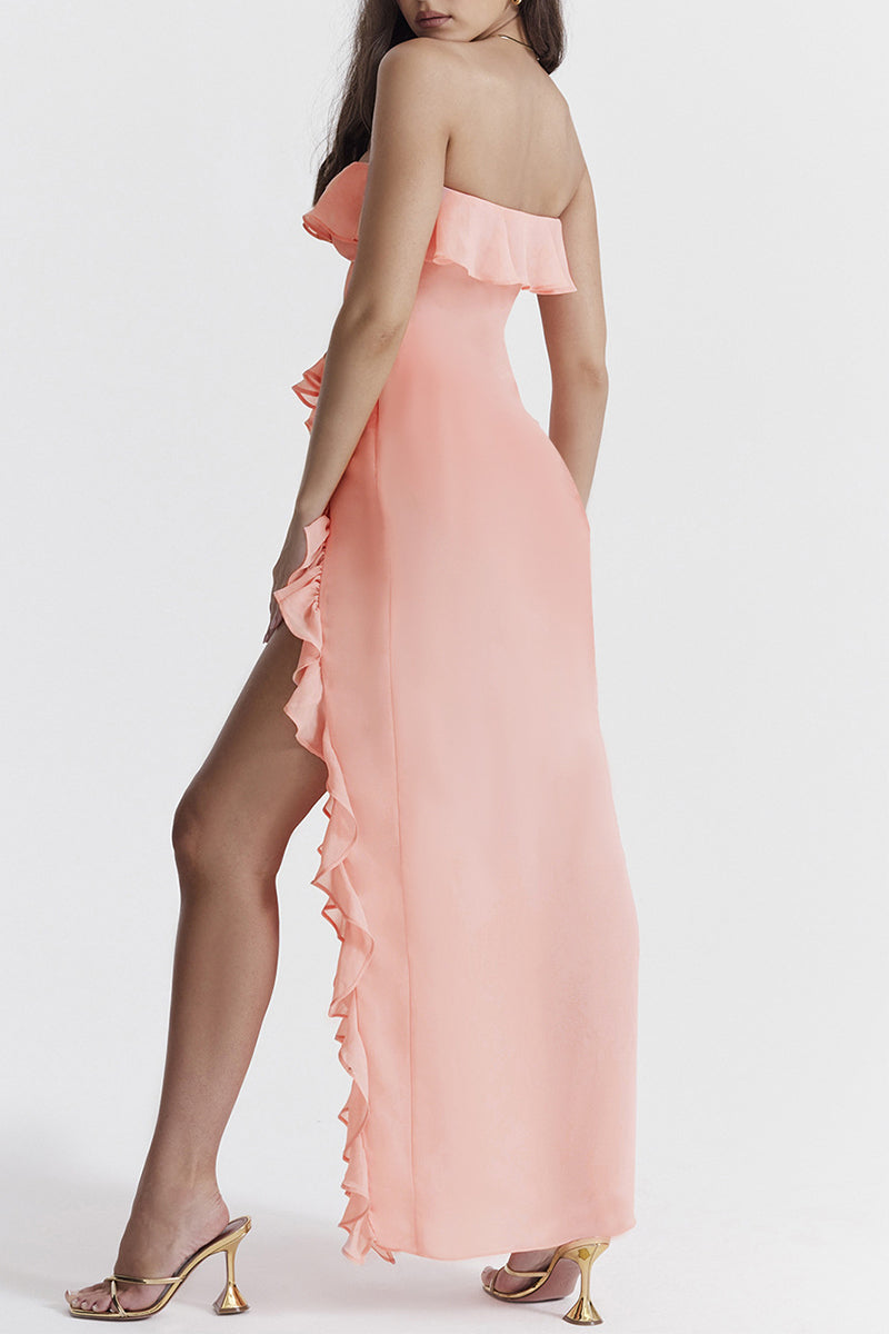 Yolanda Aesthetic Solid Color Strapless Irregular Dresses with Ruffles and Slit (3 Colors) Everyday Luxe Edit