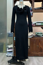 Sexy Solid Color Slit Flower Shape V Neck Long Sleeve Dresses