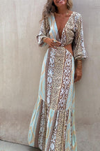 Sexy Vacation Geometric Print Hollow Out Lace Up Backless V Neck A Line Dresses