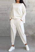 Casual Solid Color Pocket O Neck Long Sleeve Two Pieces(9 Colors)