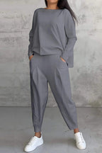 Casual Solid Color Pocket O Neck Long Sleeve Two Pieces(9 Colors)