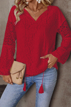 Casual Solid Color Lace Fringed Trim Hollow Out V Neck Tops