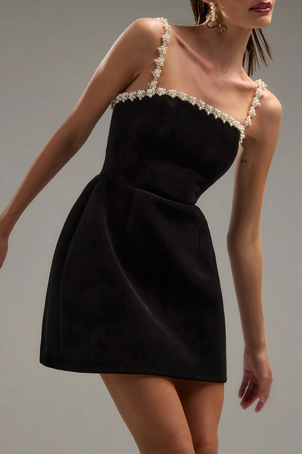 Velvet Square Neck Pearl Strap Pearl Scalloped Trim Mini Dress