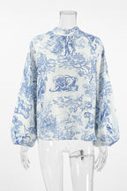 Street Daily Landscape printing Lace Up Mandarin Collar Blouses