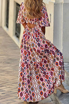 Casual Print Rhombus Backless V Neck A Line Dresses