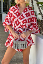 Casual Print Rhombus Lace Up Contrast Turndown Collar Loose Rompers
