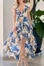 Sexy Floral Print Lace Up Backless Ruffle V Neck Irregular Dresses