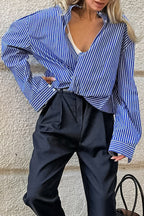 Casual Street Striped Print Buttons Turndown Collar Tops