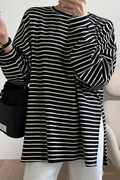 Casual Daily Striped Print Slit Contrast O Neck Tops