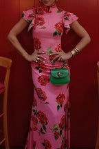 Daily Elegant Flowers Buttons Ruffle Mandarin Collar One Step Skirt Dresses