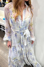 Daily Elegant Floral Print Lace Up Buckle Mandarin Collar A Line Dresses