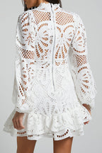 Sexy Solid Color Hollow Out Ruffle Mesh Mandarin Collar Lace Dress Dresses
