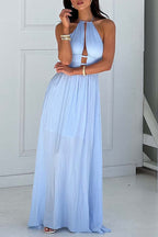 Casual Vacation Solid Color Hollow Out Backless Halter Long Dresses