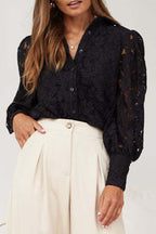Sexy Solid Color Lace Hollow Out Turndown Collar Tops
