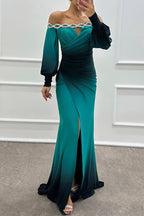 Sexy Prom Gradient Print Slit Ruched Contrast Off Shoulder Long Dresses
