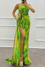 Sexy Prom Ombre Print Slit Irregular Contrast Sloping Shoulder Evening Dresses