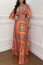 Casual Print Belted V Neck Long Dresses