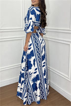 Casual Print Belted V Neck Long Dresses