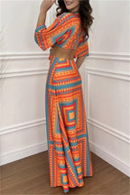 Casual Print Belted V Neck Long Dresses