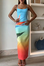 Sexy Vacation Flowers Sequins U Neck One Step Skirt Dresses