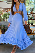Sexy Vacation Solid Color Hollow Out Deep V Neck Long Dresses