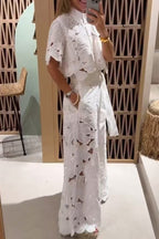Casual Solid Color Hollow Out Turndown Collar Short Sleeve Two Pieces