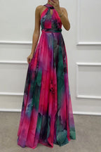 Sexy Prom Gradient Color Lace Up Contrast Halter Evening Dresses