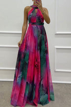 Sexy Prom Gradient Color Lace Up Contrast Halter Evening Dresses