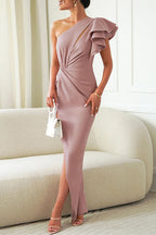 Sexy Solid Color Ruffle Slit Ruched Sloping Shoulder Irregular Dresses