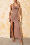 Sexy Solid Color Backless Slit Belted Halter Long Dresses