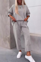Casual Solid Color Pocket O Neck Long Sleeve Two Pieces