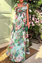 Casual Floral Print Backless Belted Square Neck Long Dresses