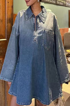 Street Pocket Patchwork Zipper Turndown Collar Long Sleeve Loose Denim Dresses
